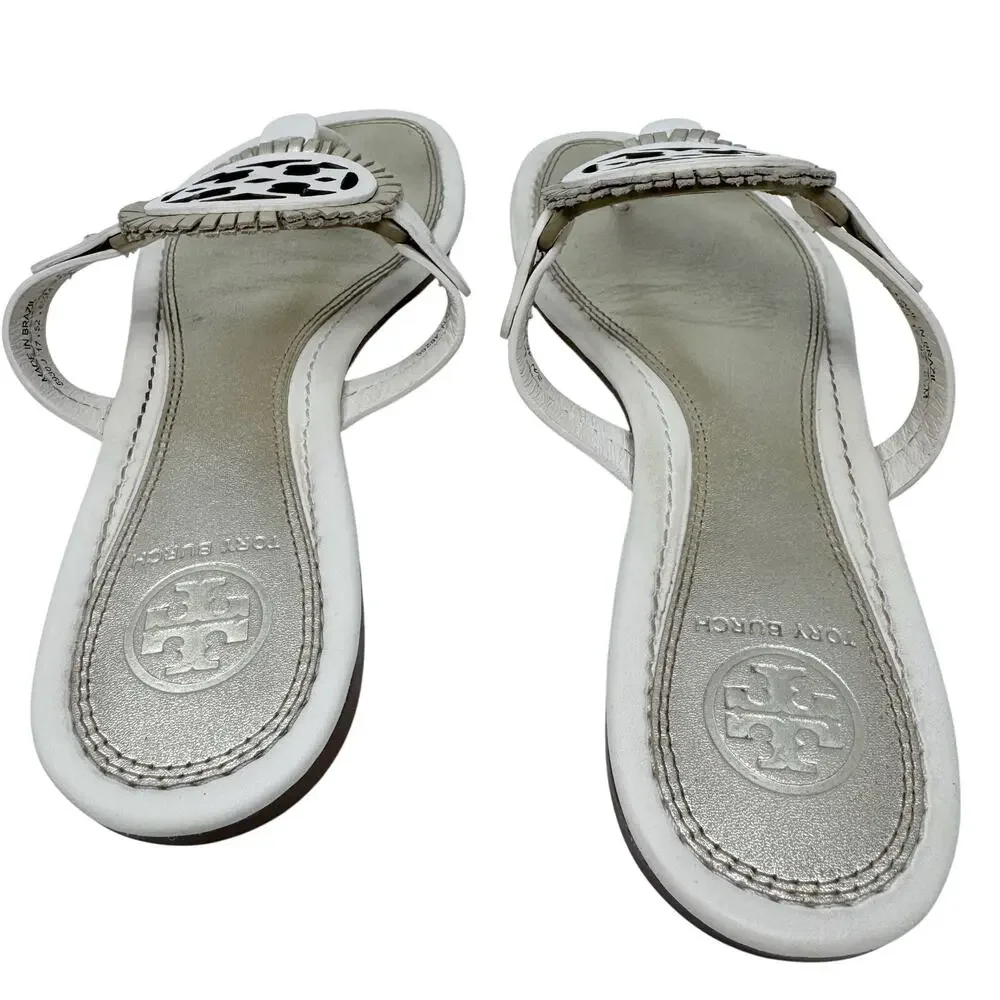 TORY BURCH Metallic Gold Cream Fringe Miller Logo Sandals Flip Flops Size 6.5